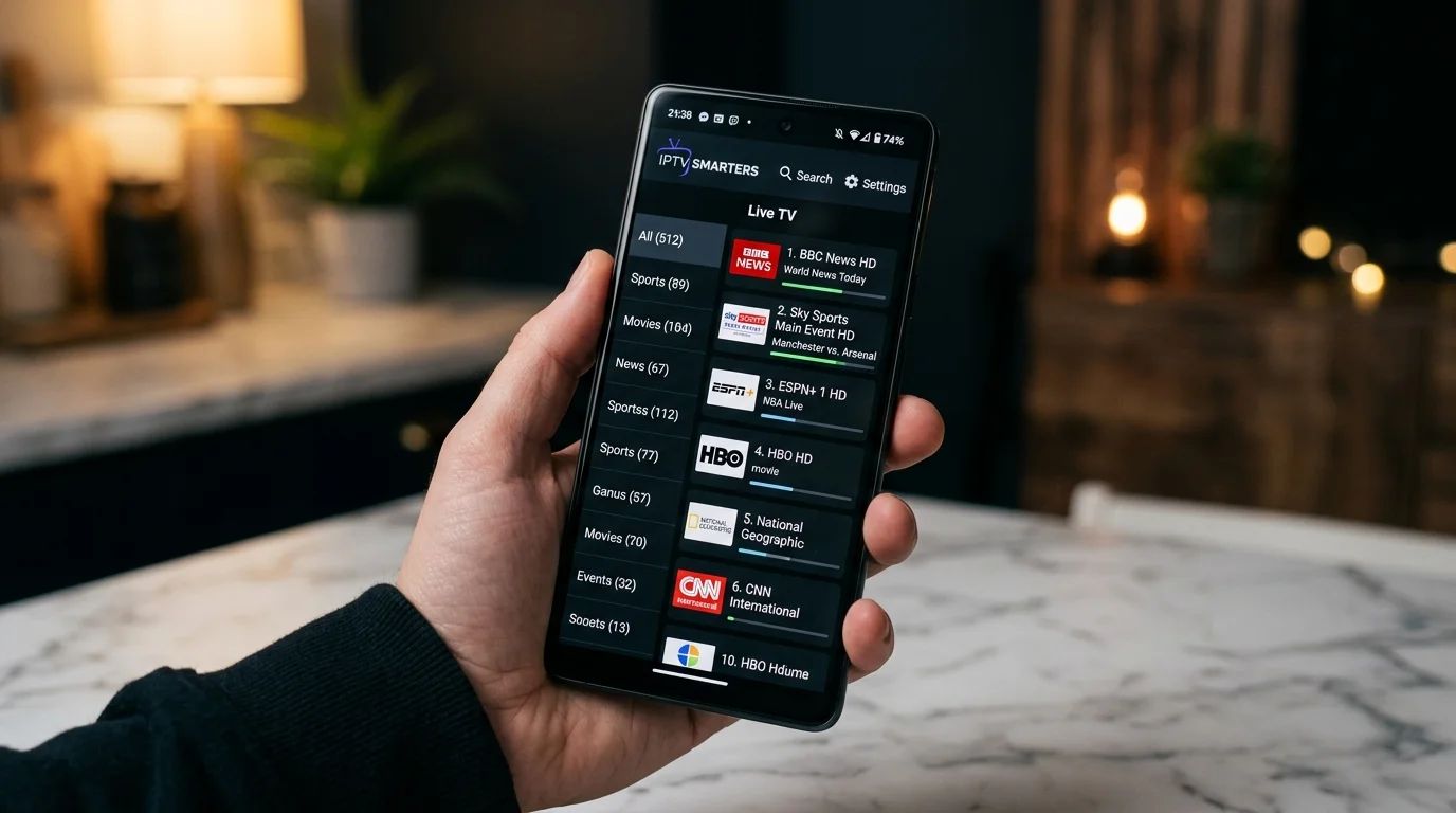 IPTV Smarters Pro app on smartphone streaming TV